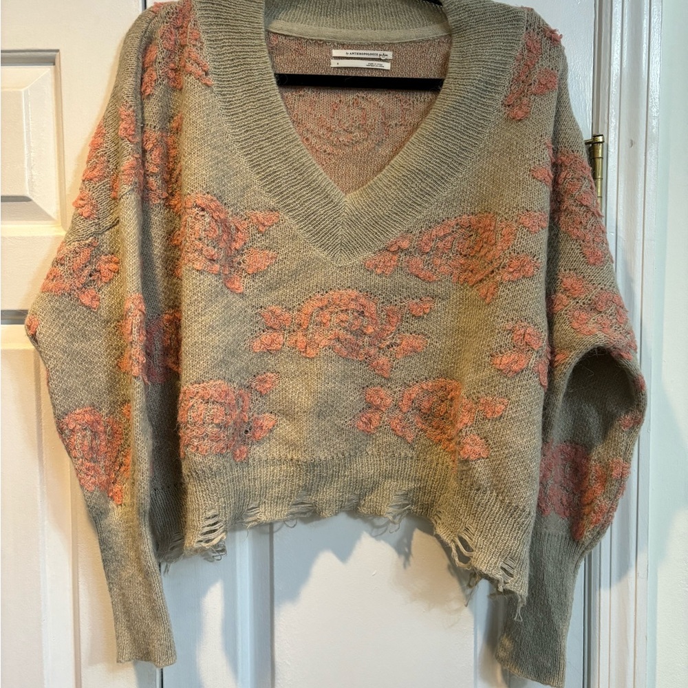 Anthropologie V-Neck Sweater in Pink and Tan